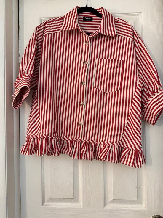 Fate Tops - Fate Red White Striped Ruffle Hem Button Down Blouse Size Small Elbow Sleeve